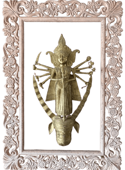 Dokra Durga set in a hand-carved wooden frame